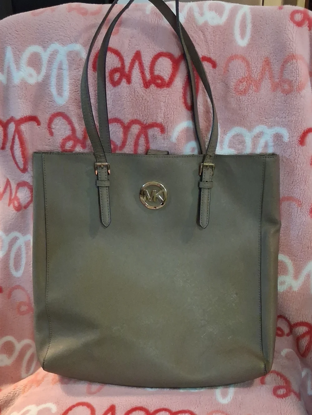 Michael Kors Olive Leather Tote with Gold MK Emblem